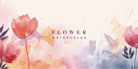 Wall Mural - flower watercolor art background vector. wallpaper design with floral paint brush line art. leaves a