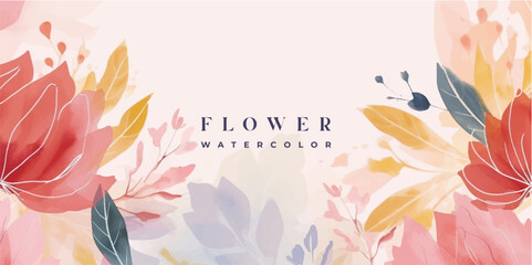 Wall Mural - flower watercolor art background vector. wallpaper design with floral paint brush line art. leaves a