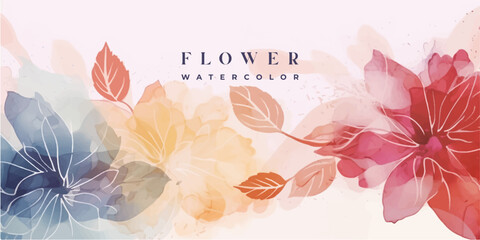 Wall Mural - flower watercolor art background vector. wallpaper design with floral paint brush line art. leaves a