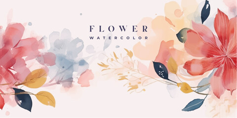 Wall Mural - Flower watercolor art background vector. Wallpaper design with floral paint brush line art. leaves and flowers nature design for cover, wall art, invitation, fabric, poster, canvas print.