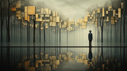 Wall Mural - a man standing in front of a mirror in a forest. generative ai image.