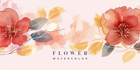 Wall Mural - flower watercolor art background vector. wallpaper design with floral paint brush line art. leaves a