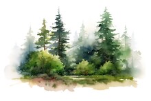 Watercolor Forest Landscape On White Background Generative AI