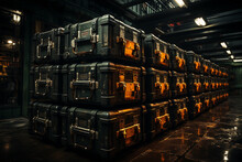 Warehouse Of Military Equipment. A Large Number Of Identical Containers With High-precision Warheads And High-tech Ammunition. Modern Weapons.