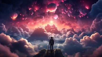 Wall Mural - a man standing on a stairway looking at the sky. generative ai image.