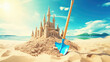 Landscape summer vacation holiday travel ocean sea background banner panorama - Close up of sand castle and sand shovel on the beach, sunshine