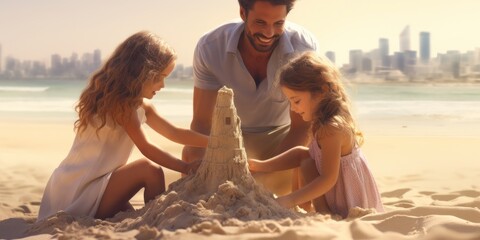 Canvas Print - A man and two children building a sand castle on the beach. Generative AI image.