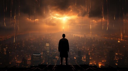 Wall Mural - a man standing on top of a building at night. generative ai image.