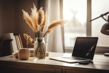 Wall Mural - A laptop with a blank screen, vases, and a bouquet of dry grass. Boho interior design template with copy space and a mockup laptop for aesthetic influencers. Generative AI