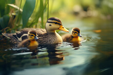 Generative AI A Duck With Ducklings Swims On The Lake