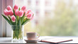 Pink tulips in a vase stand on the windowsill next to the book.ai generative
