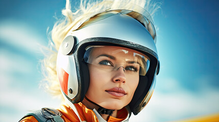 Young woman in helmet for parachutist smiling portrait. Perfect concept of happiness and freedom.