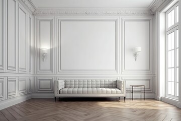 Wall panels, molding, and a wooden floor decorate an empty modern classic white space. mock up for an illustration. Generative AI