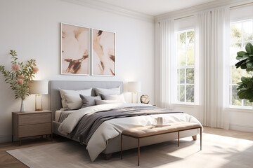 calm bedroom with a comfortable bed and natural light from the window. ai generative