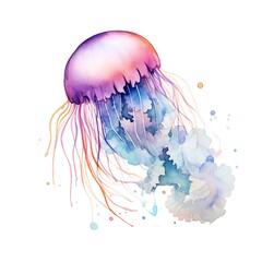 Wall Mural - Watercolor Jellyfish on white background Generative AI