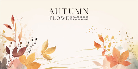 Wall Mural - autumn background vector. hand painted watercolor and gold brush texture, flower and botanical leave