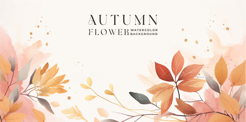 Wall Mural - autumn background vector. hand painted watercolor and gold brush texture, flower and botanical leave