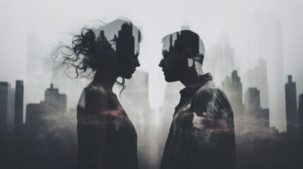 Canvas Print - Two people standing in front of a city skyline. Generative AI image.