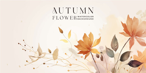 Wall Mural - autumn background vector. hand painted watercolor and gold brush texture, flower and botanical leave