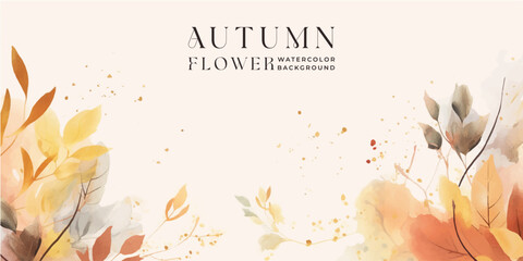 Wall Mural - autumn background vector. hand painted watercolor and gold brush texture, flower and botanical leave