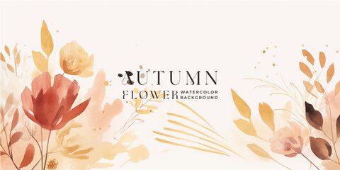 Wall Mural - autumn background vector. hand painted watercolor and gold brush texture, flower and botanical leave