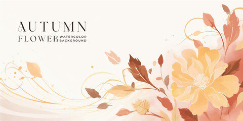 Wall Mural - autumn background vector. hand painted watercolor and gold brush texture, flower and botanical leave