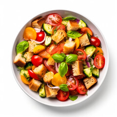 Wall Mural - Panzanella salad in white plate closeup top view, isolated on white background