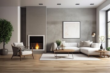 view from the side of a traditional living room with concrete walls, a wooden floor, a white couch, 