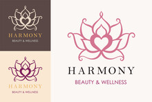 Lotus Flower Heart Vector Logo. Beauty Or Spa Salon, Wellness, Yoga, Meditation, Harmony Template Icon
