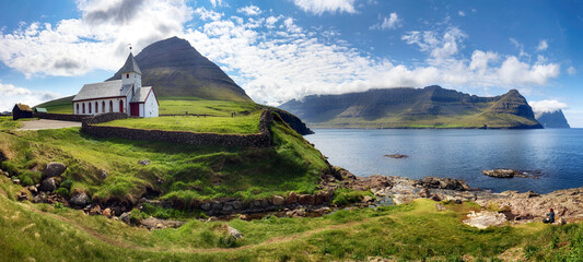 Sticker - Church by the sea with ocean and mountain panorama, Vidareidi, Viðareiði, Faroe Islands, Denmark, Northern Europe