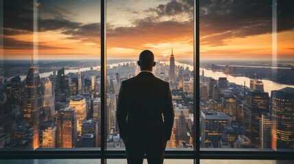 Wall Mural - a man standing in front of a window overlooking a city. generative ai image.