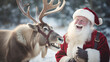 Santa clause laughing with his Reindeer, red coat