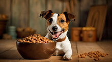 Domestic Life With Jack Russell Terrier. Feeding Hungry Dog. The Owner Gives His Dog A Bowl Of Granules.