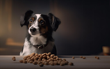 Wall Mural - Domestic life with pet. Feeding hungry dog. The owner gives his dog a bowl of granules.