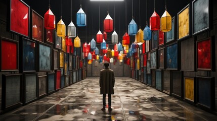 Wall Mural - a man standing in a hallway with colorful lights hanging from the ceiling. generative ai image.