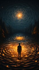 Canvas Print - A man standing in front of a circular maze. Generative AI image.