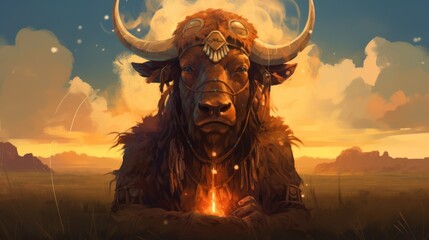 Poster - A painting of a yak sitting in a field. Generative AI image.