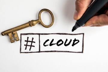 Wall Mural - cloud computing concept. text and gold key on white background