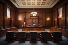 Empty American Style Courtroom. Supreme Court Of Justice And Court Of First Instance