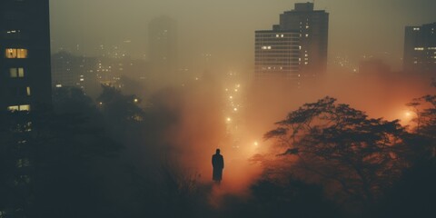 Wall Mural - a person standing in the middle of a foggy city. generative ai image.