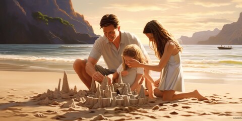 Sticker - A painting of a family building a sand castle on the beach. Generative AI image.