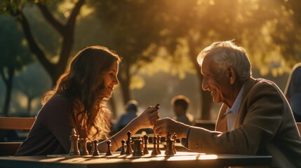 Poster - A man and a woman playing a game of chess. Generative AI image.