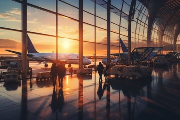 Canvas Print - A group of people standing in front of an airplane. Generative AI image.