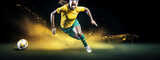 Fototapeta Sport - Australian soccer player with the ball in play at the Womens World Cup 2023. Australian women football design, green and gold. Generative Ai content