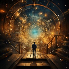 Wall Mural - a man standing on a wooden platform in front of a clock. generative ai image.