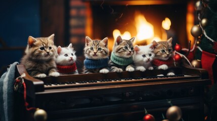 Sticker - A group of kittens sitting on top of a piano. Generative AI image.