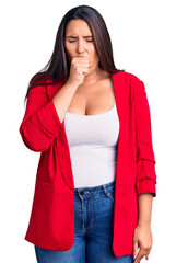 Canvas Print - Young beautiful brunette woman wearing elegant clothes feeling unwell and coughing as symptom for cold or bronchitis. health care concept.