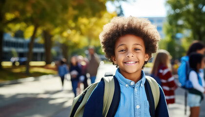 happy afro american school boy with backpack and bool on blue background