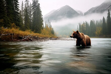 Brown Bear Walking Through The River With Beautiful Forest And Mountains In The Background. Amazing Wildlife. Generative Ai