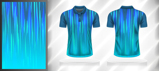 Vector sport pattern design template for Polo T-shirt front and back with short sleeve view mockup. Dark and light shades of blue color gradient abstract grunge texture background illustration.